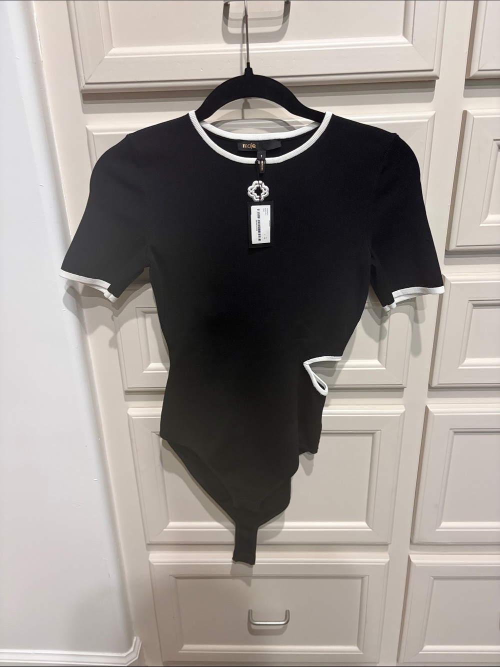 Maje Black Short-Sleeve Bodysuit with White Trim